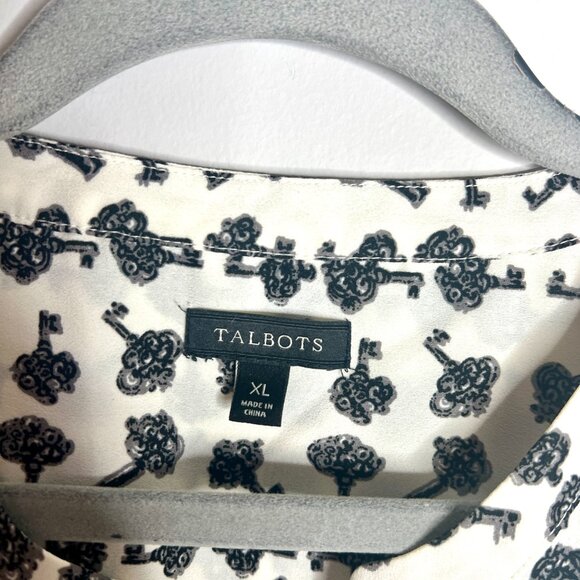 Talbots White Black Vintage Key Novelty Print Chiffon Popover Blouse Sz XL - Picture 2 of 5